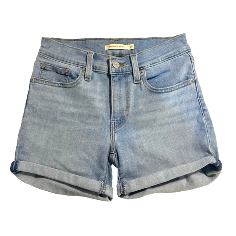 LEVIS Womens Mid Length Shorts size 24 Blue Cuffed Denim Jean Shorts Co… - Picture 2 of 13